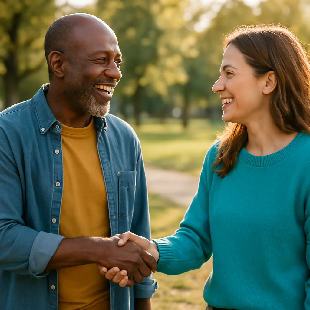 Two people meeting at a local park — genuinely local Hampshire dating