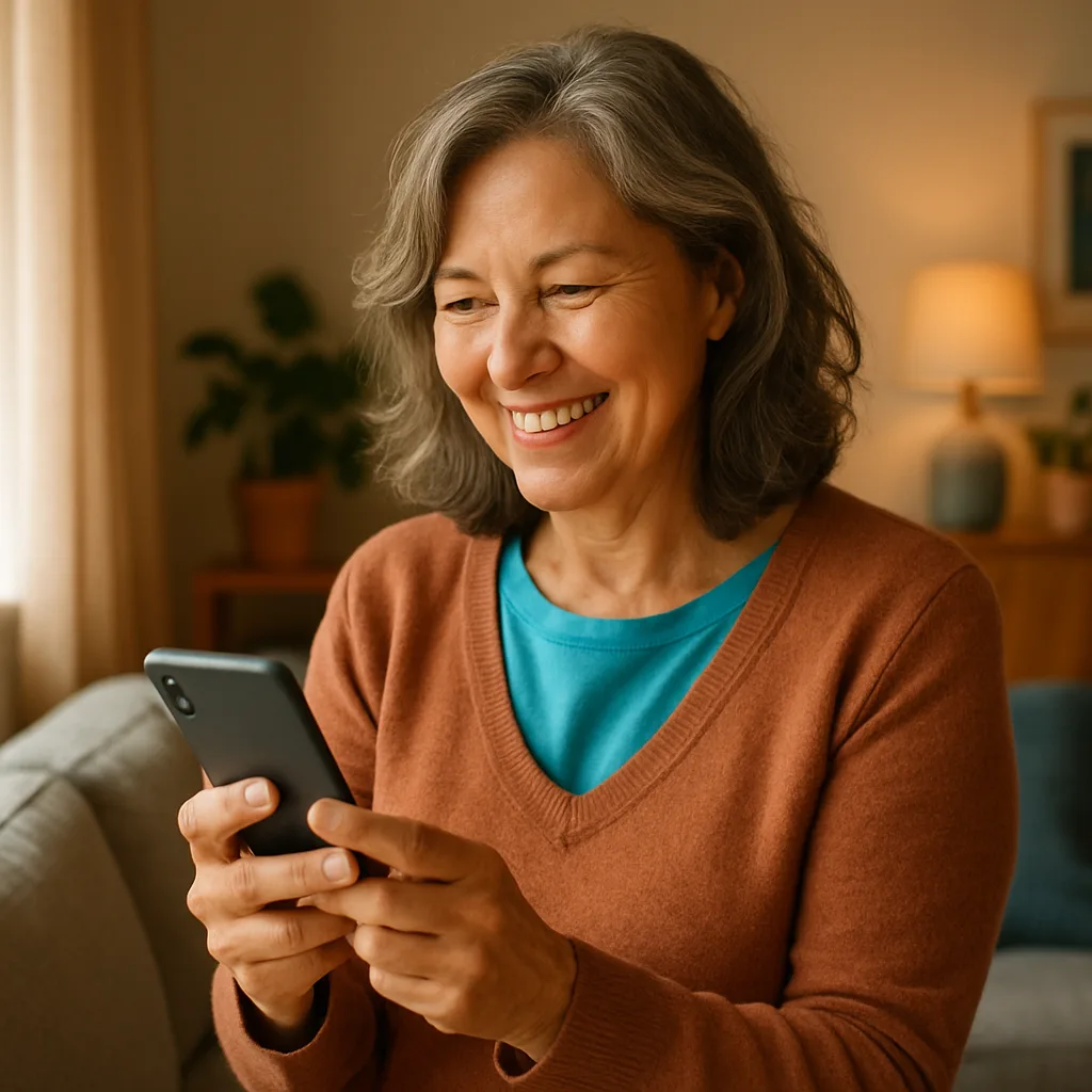 Smiling woman confidently checking her phone — verified profiles on The Hampshire Dating Site